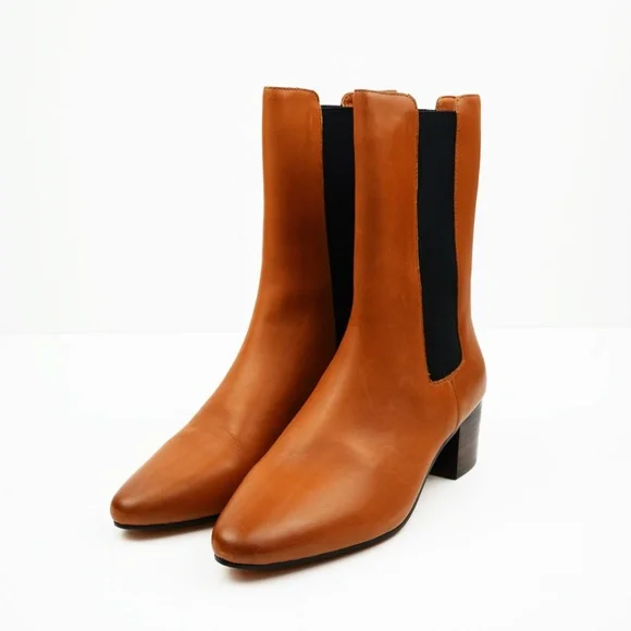 New JCREW Leather High-Shaft Stacked-Heel Boots Rich Caramel - Picture 7 of 8